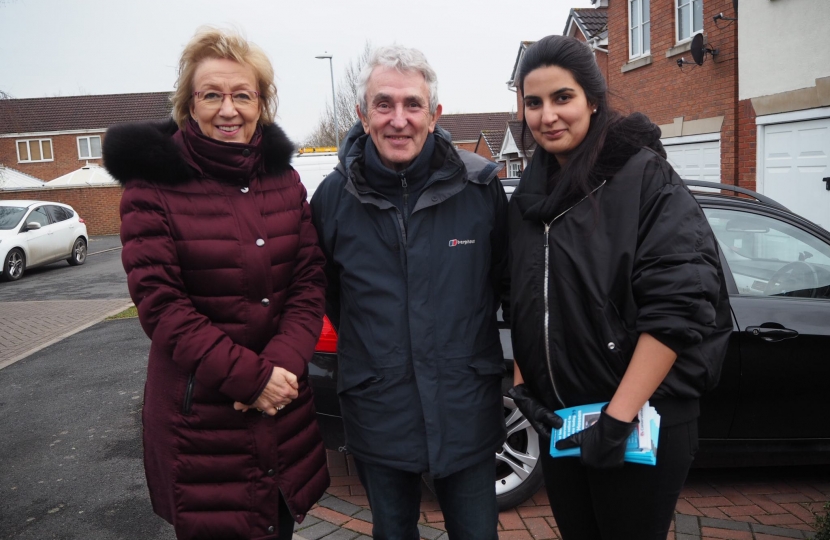 Andrea Leadsom with Andy Roberts and Nida Hassan